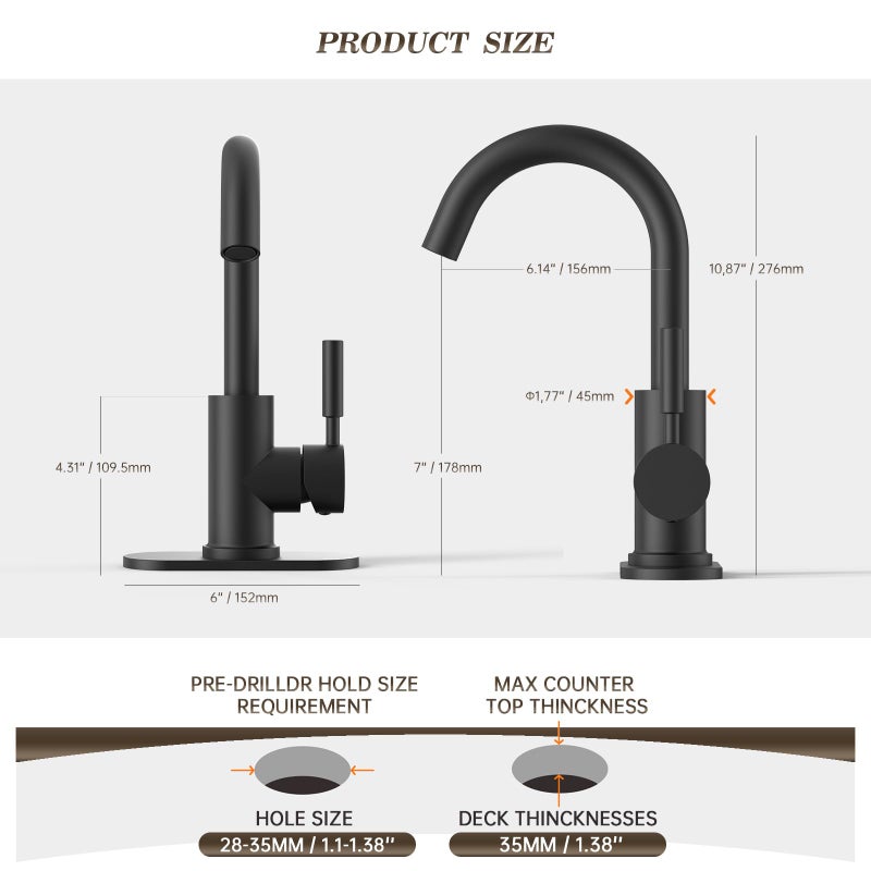 Phiestina Single Hole Matte Black Single-Handle High-Arc Stainless Steel Faucet for Pre-Kitchen Sink/Bar Sink/Bathroom Sink, with 4 Inch Deck Plate and Supply Hoses, Matte Black, WE08E-MB - Image 5